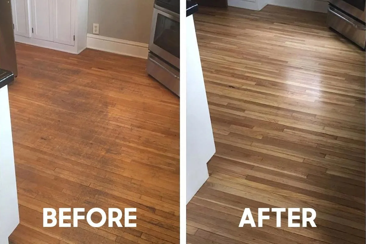Before and after of a worn kitchen hardwood floor refinished by Artistry Floors in Dallas Fort Worth TX