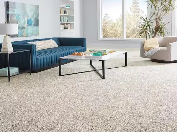 Soft flecked beige carpet installed wall-to-wall in a bright living room by Artistry Floors
