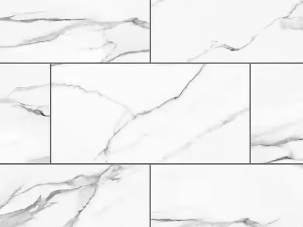 White marble-look large-format porcelain tile set flat and lippage-free by Artistry Floors